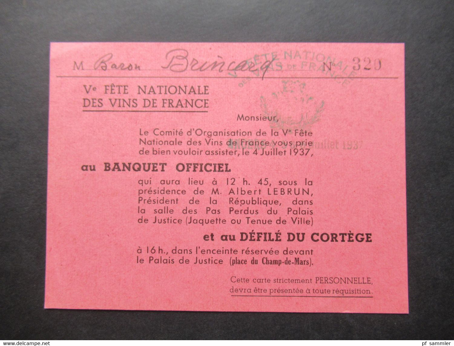 1937 Einladungskarte Fete Nationale Des Vins De France Au Banquet Officiel Sous La Presidence Albert Lebrun - Historical Documents