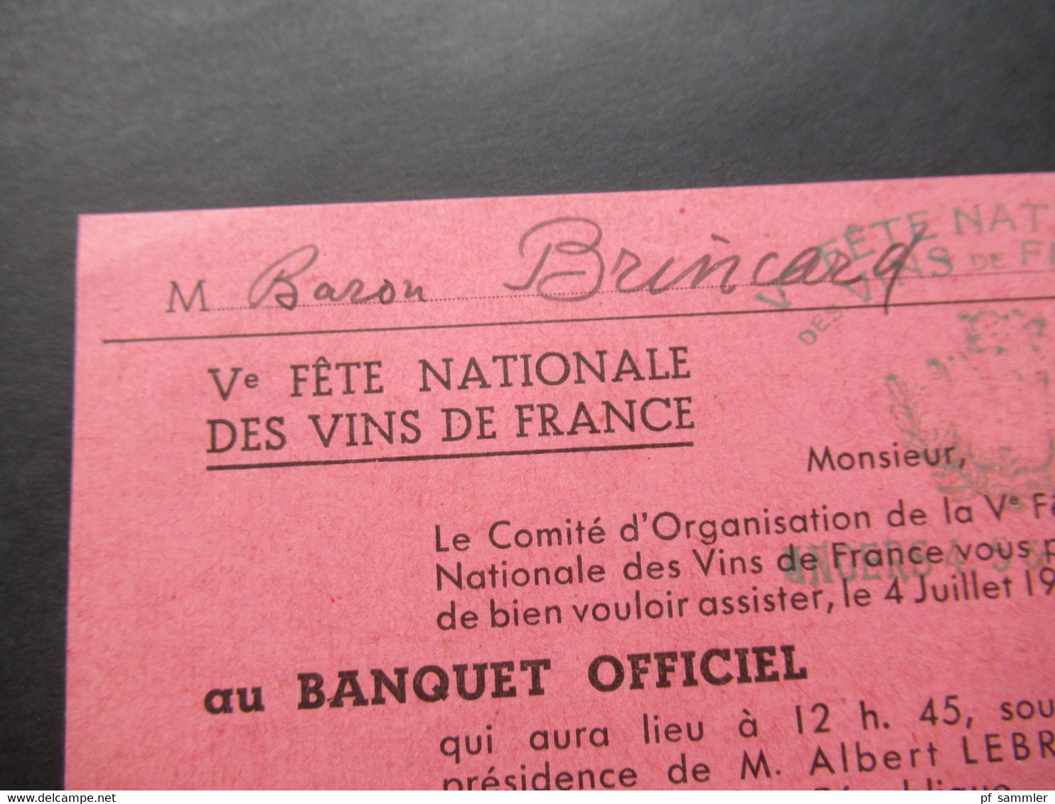 1937 Einladungskarte Fete Nationale Des Vins De France Au Banquet Officiel Sous La Presidence Albert Lebrun - Historical Documents