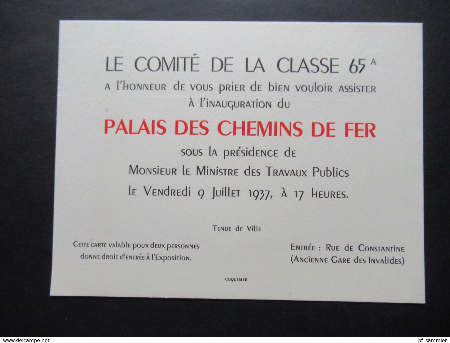 1937 Einladungskarte Palais Des Chemins De Fer Sous La Presidence De Le Ministre De Travauv Publics Tenue De Ville - Historical Documents