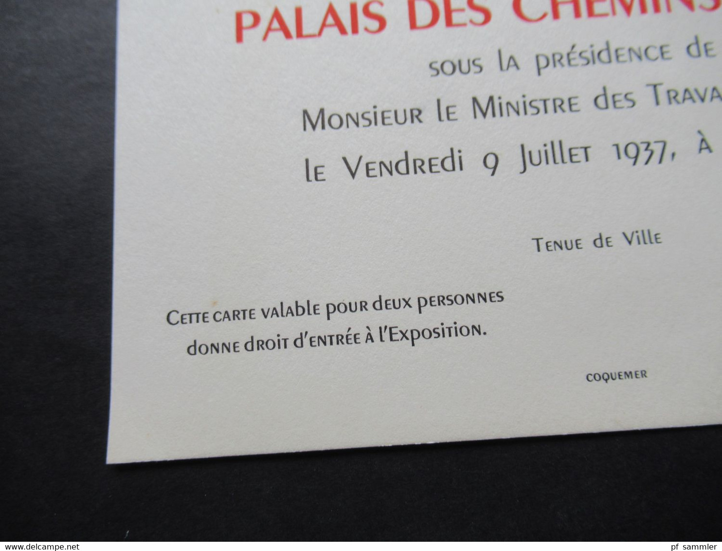 1937 Einladungskarte Palais Des Chemins De Fer Sous La Presidence De Le Ministre De Travauv Publics Tenue De Ville - Historical Documents