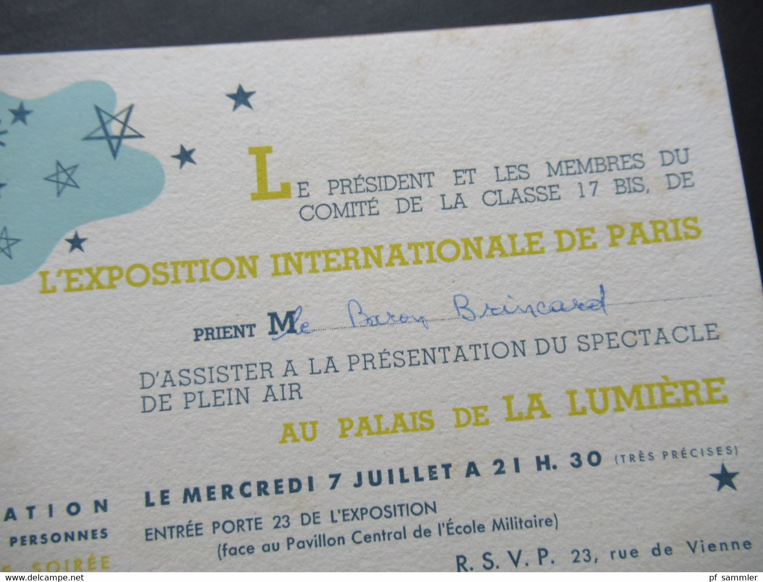 1937 Einladungskarte Exposition Internationale De Paris Presentation Du Spectacle De Plein Air Au Palais De La Lumiere - Historical Documents