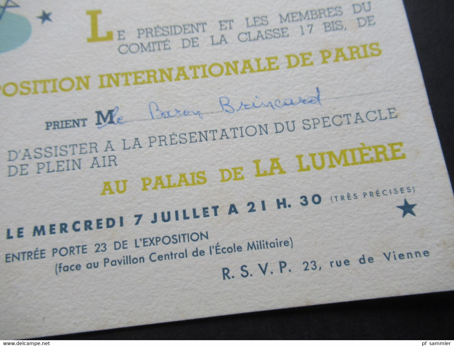 1937 Einladungskarte Exposition Internationale De Paris Presentation Du Spectacle De Plein Air Au Palais De La Lumiere - Historical Documents