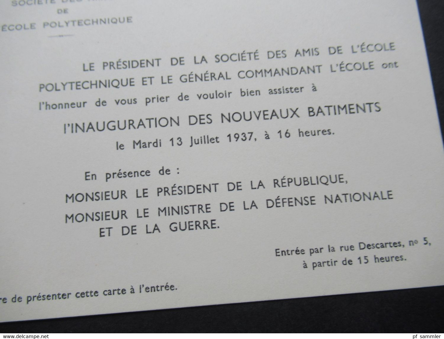 1937 Einladungskarte Societe Des Amis De L'Ecole Polytechnique Inauguration Des Noveaux Batiments Presence Le President - Historical Documents