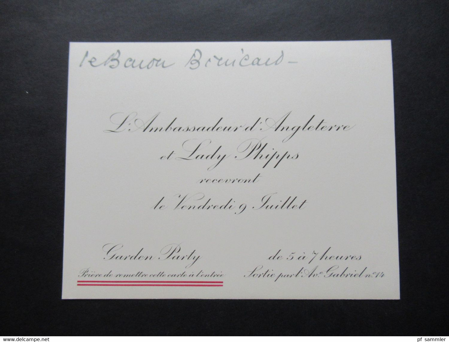 1937 Einladungskarte Botschafter Ambassadeur D'Angleterre Et Lady Phipps Garden Party Für Baron Brincard - Historical Documents