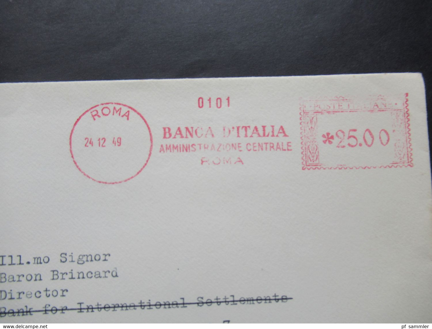 Italien Freistempel 24.12.1949 Banca D'Italia Mit Klappkarte Il Direttore Generale Della Banca D'Italia Nouvo Anno - Historische Dokumente