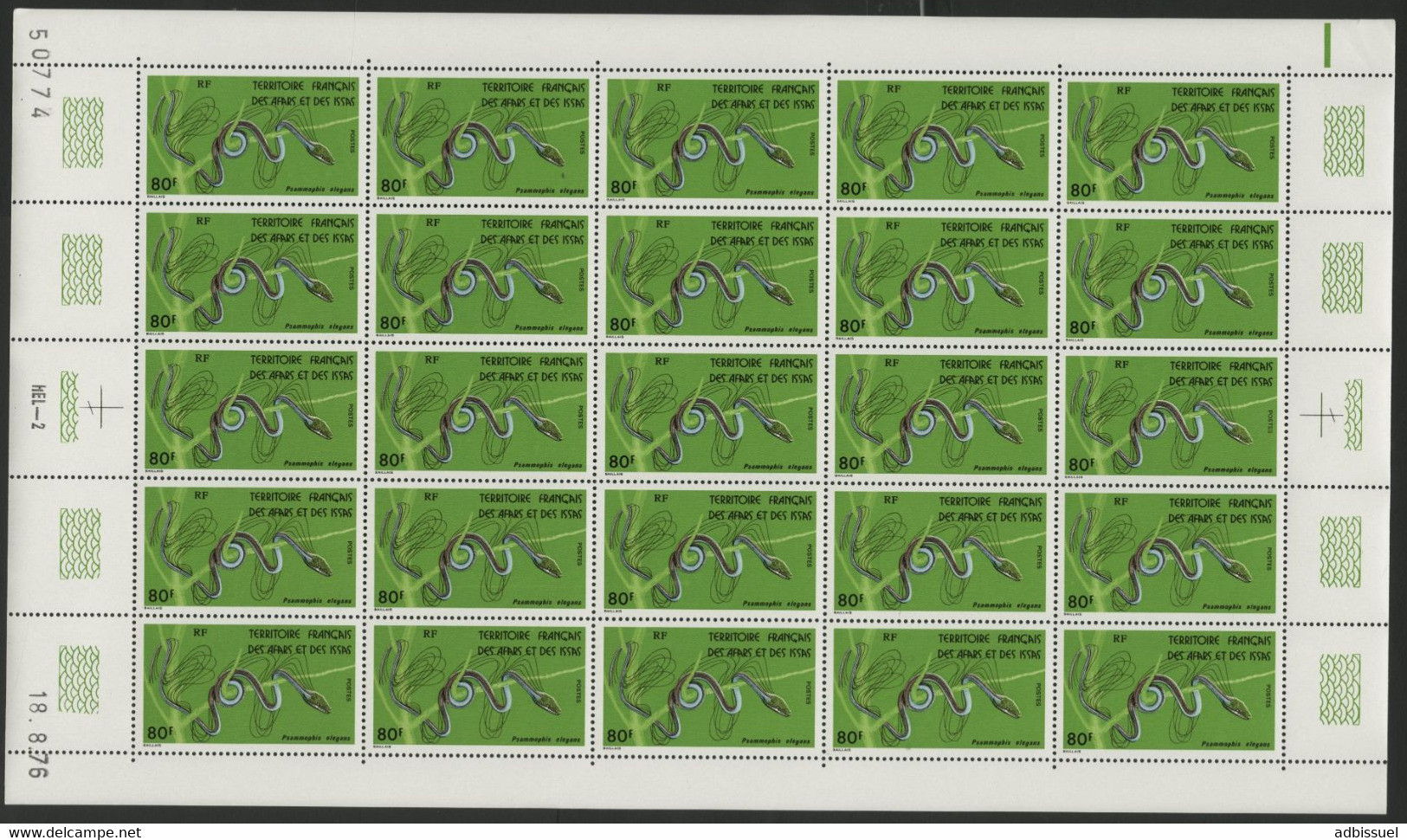 AFARS Et ISSAS COTE 275 € N° 437 MNH ** FEUILLE DE 25 Ex. SERPENTS SNAKE PSALMMOPHIS ELEGANS. TB/VG - Ongebruikt