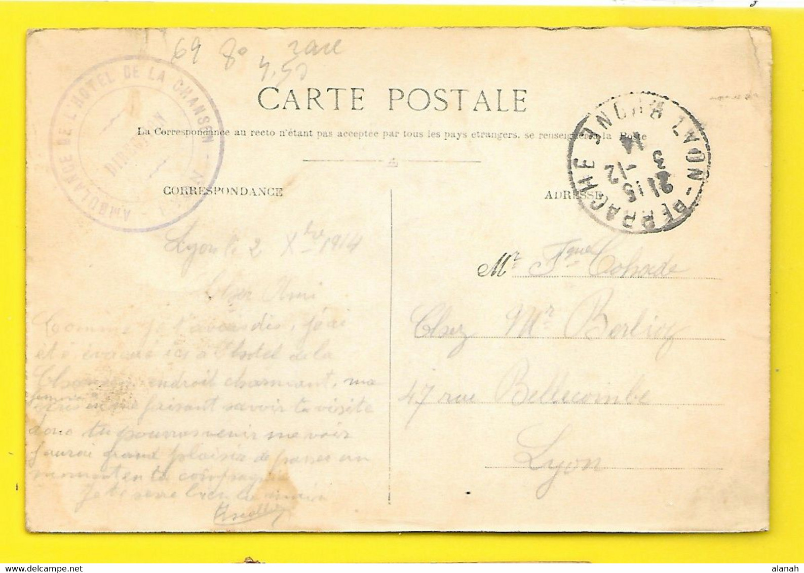 LYON GRAND TROU Rare Maison Carnet Route De Vienne Cachet Ambulance (Barnier Balmont) Rhône (69) - Lyon 8