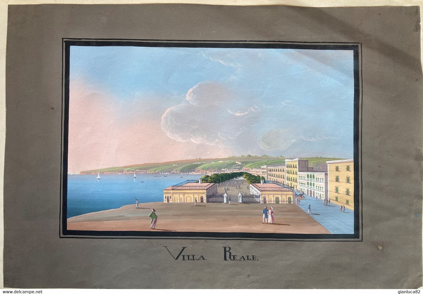 Gouache Dipinta A Mano Su Carta Villa Reale Napoli 1850 Ca. (D187) Come Da Foto Incollata Su Cartoncino - Waterverf