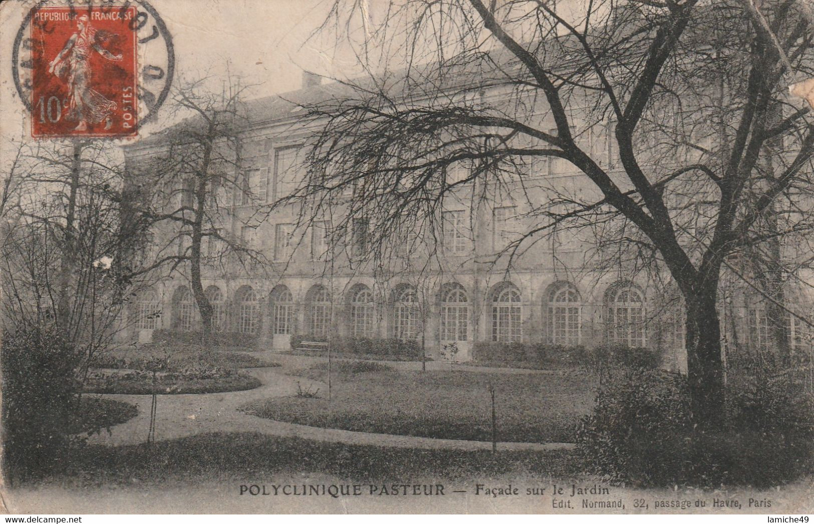 Polyclinique Pasteur Façade Sur Le Jardin Timbre 1913 Semeuse 10c ( Hôpital..) - Arrondissement: 15