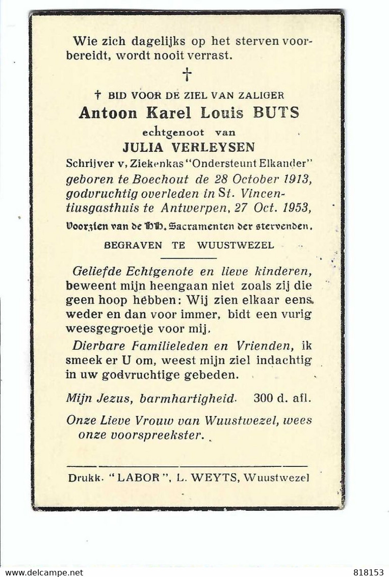 Wuustwezel Doodsprentje Anton Karel Louis BUTS  1913 - 1953 - Wuustwezel