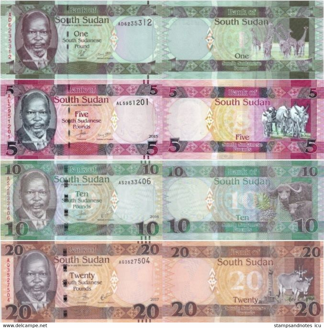 SOUTH SUDAN 1 5 10 20 Pounds 2011 - 2017  P 5 11 12 13 UNC With Maching Two Last Serials, 4 Banknotes - Südsudan