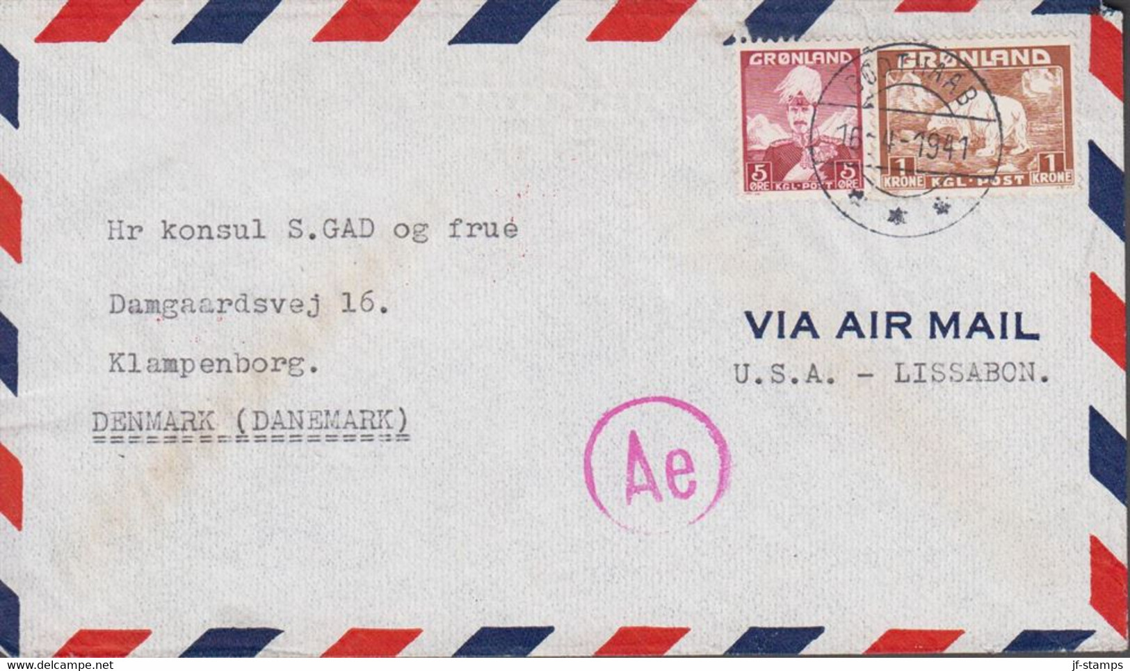 1941. GRØNLAND. Beautiful Censored Cover From GODTHAAB 16-4-1941 To Klampenborg. Ae-censor +  ... (Michel 7+) - JF518224 - Lettres & Documents