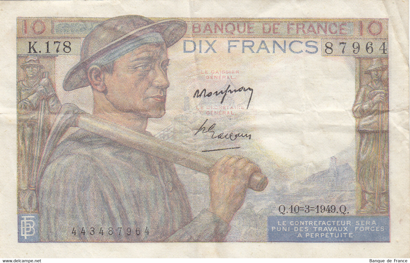 Billet 10 F Mineur Du 10-3-1949 FAY 08.20 Alph. K.178 Sans épinglage - 10 F 1941-1949 ''Mineur''