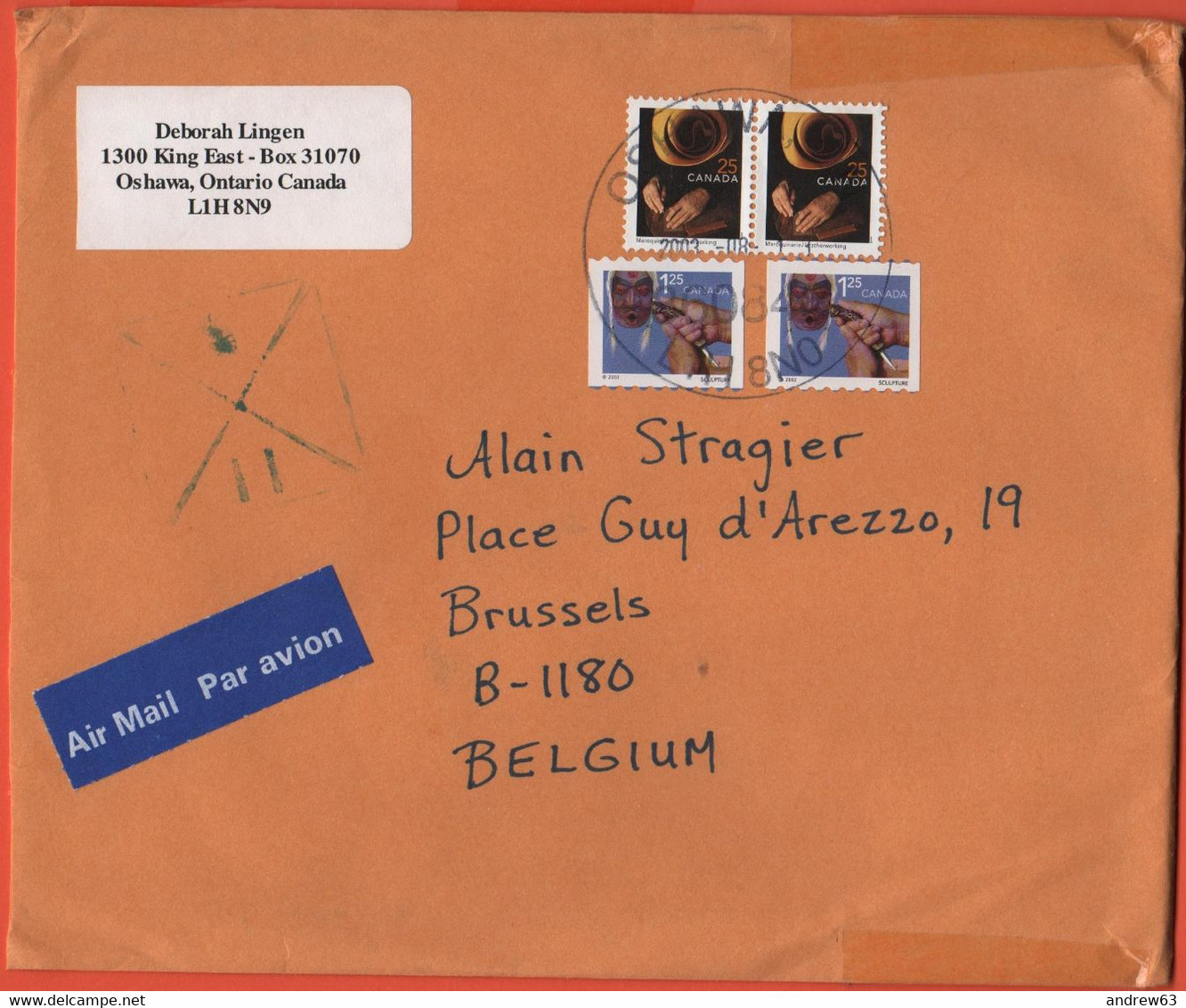 CANADA - 2004 - 2 X 25 Maroquinerie + 2 X 1,25 Sculpture - Medium Envelope - Viaggiata Da Oshawa Per Brussels, Belgium - Covers & Documents