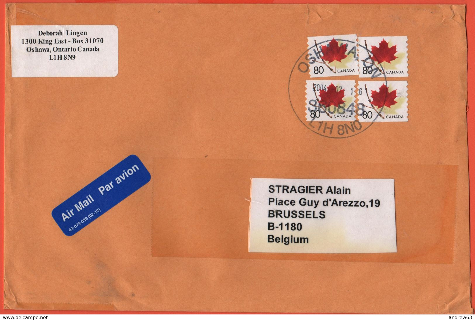 CANADA - 2004 - 4 X 80 Maple Leaf - Medium Envelope - Viaggiata Da Oshawa Per Brussels, Belgium - Brieven En Documenten