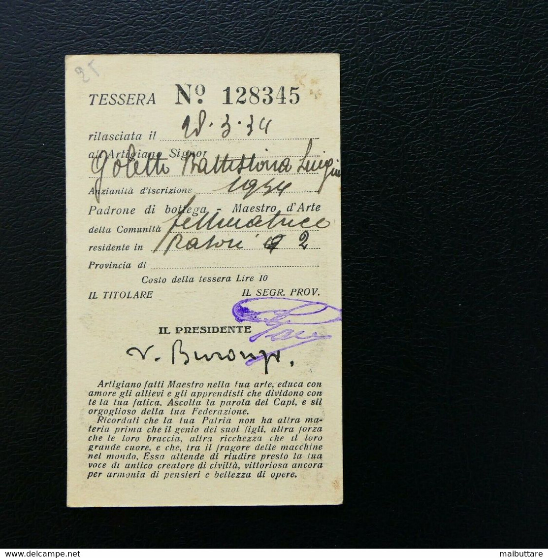 Tessera CONFEDERAZIONE FASC. ARTIGIANI ANNO 1934 ( 627-099 E+d) - Lidmaatschapskaarten