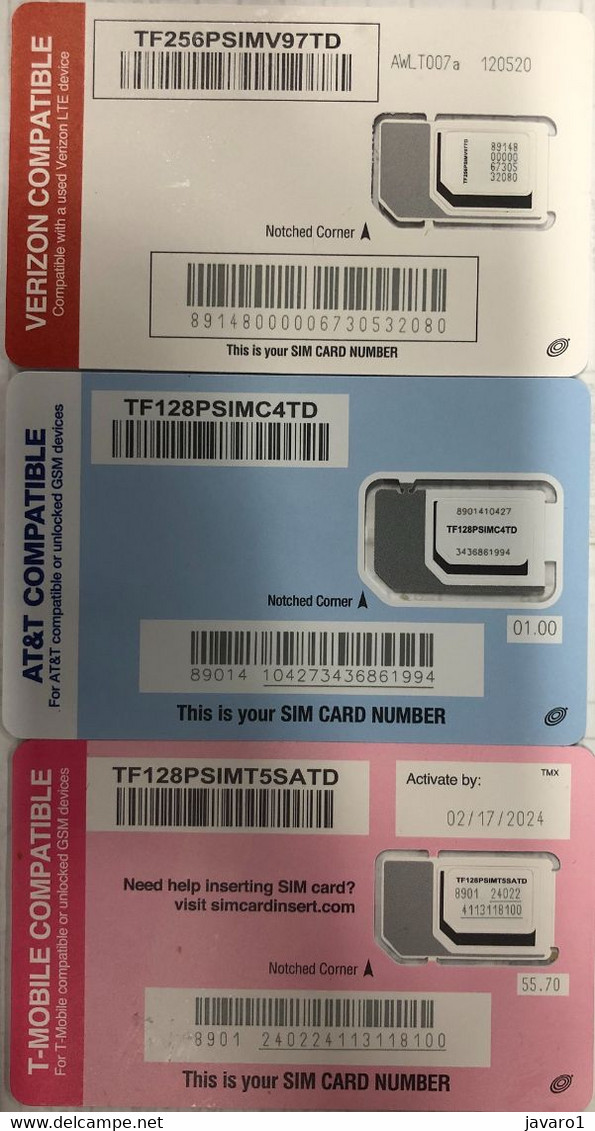 USA : 3 GSM Chip Cards :   AT&T + VERIZON + T_MOBILE  Blue Circles   MINT (2 Cards With Other Chip As Previous) - Schede A Pulce