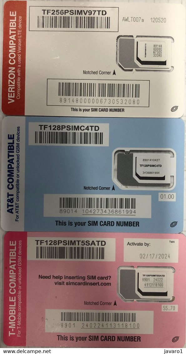 USA : 3 GSM Chip Cards :   AT&T + VERIZON + T_MOBILE  Blue Circles   MINT (2 Cards With Other Chip As Previous) - [2] Chip Cards