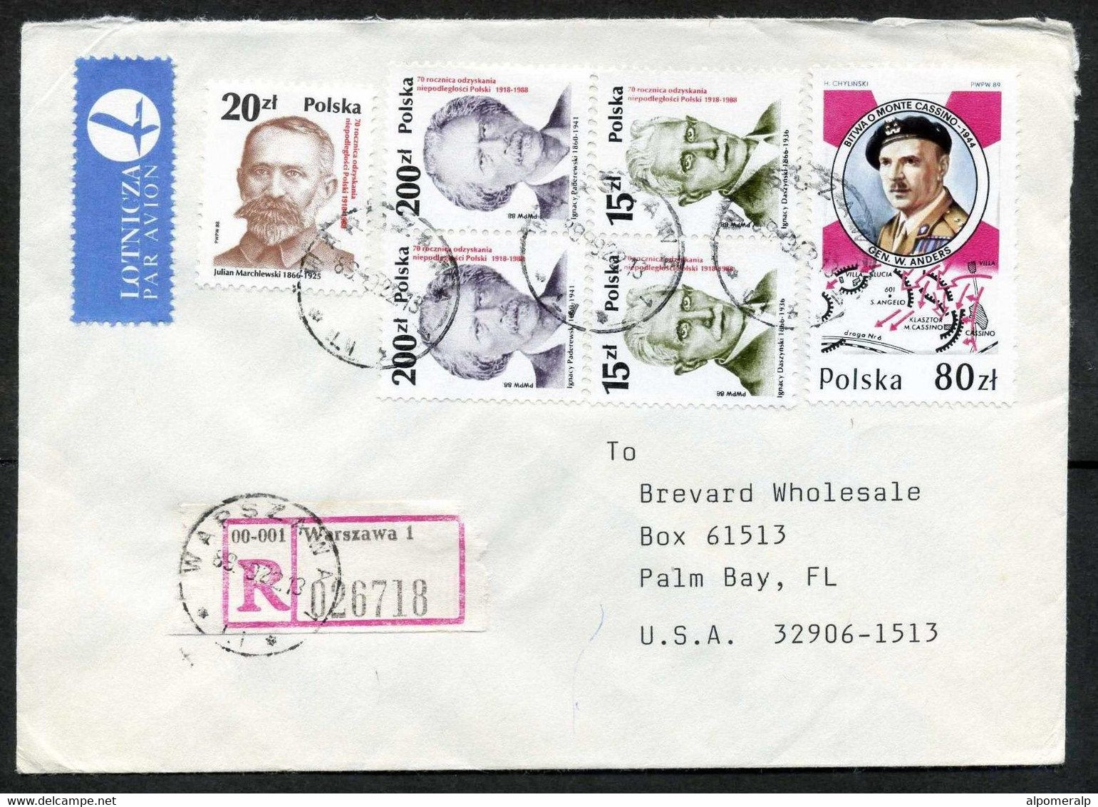 Poland Warszawa 1989, Airmail Registered Cover Used To Florida USA | Mi 3169, 3171, 3174, 3223 (WWII,  Army | Battle) - Aviones