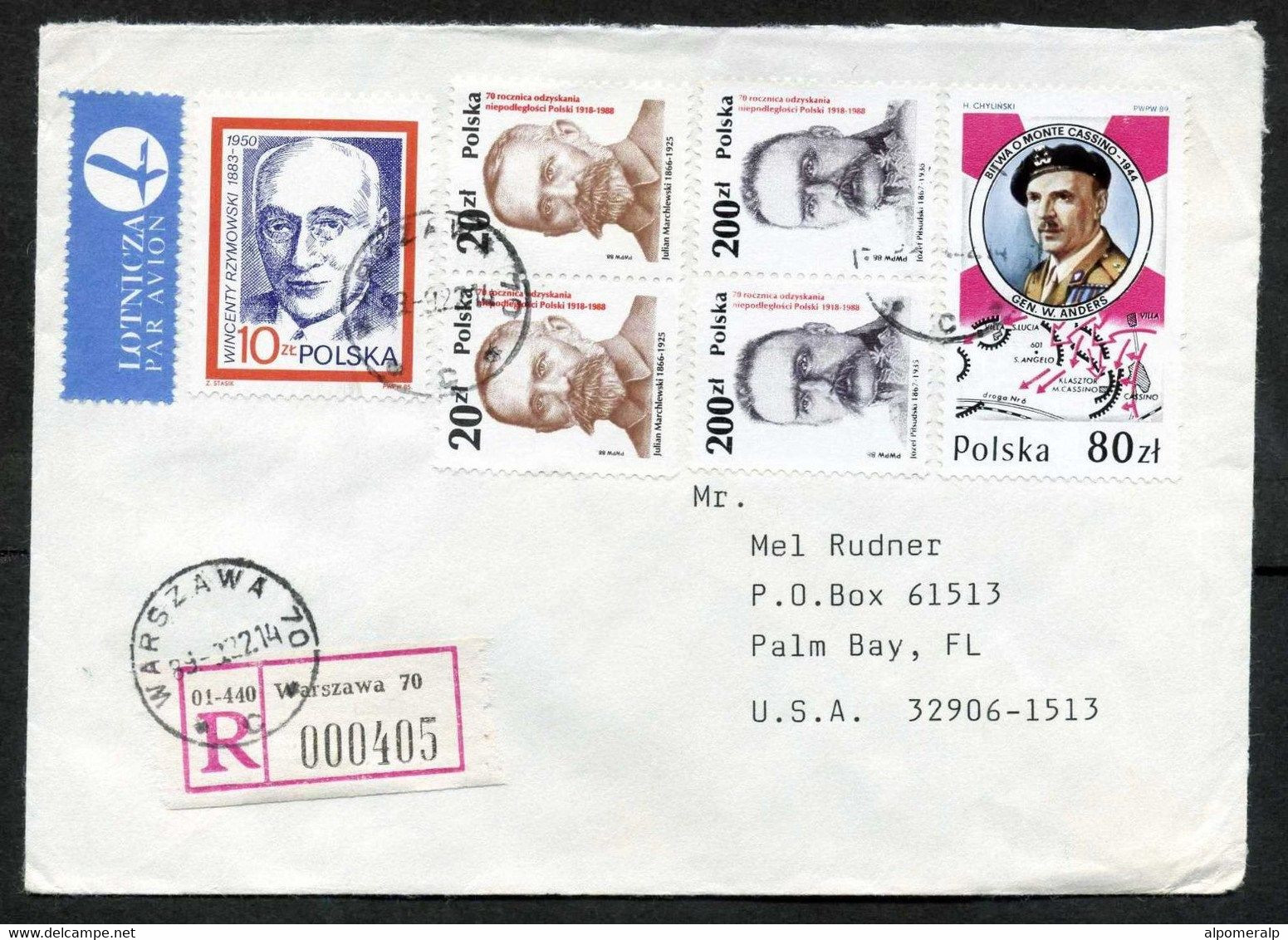 Poland Warszawa 1989, Airmail Registered Cover Used To Florida USA | Mi 2968, 3171, 3175, 3223 (WWII,  Army | Battle) - Aviones