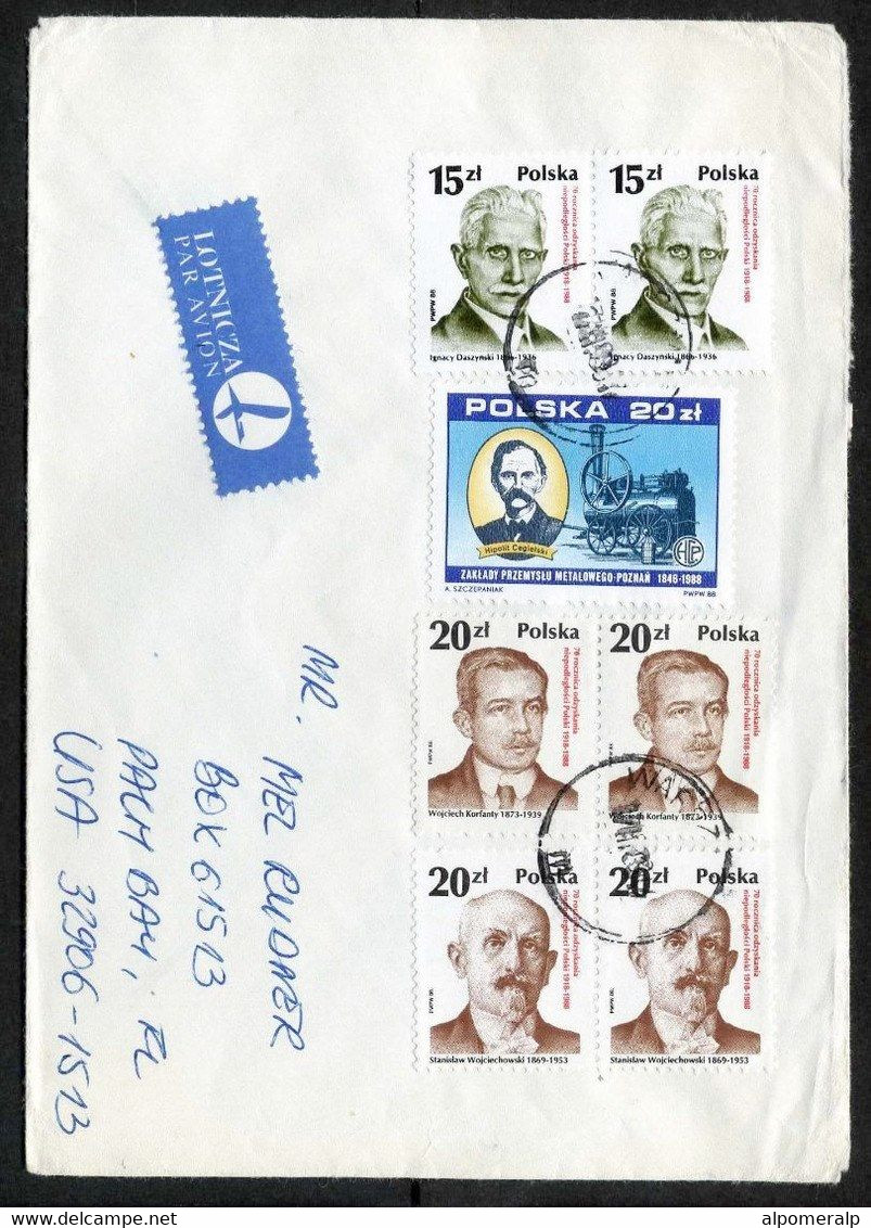 Poland Warszawa 1989 Air Mail Cover Used To Florida USA | Steam Locomotive & Railways - Aviones