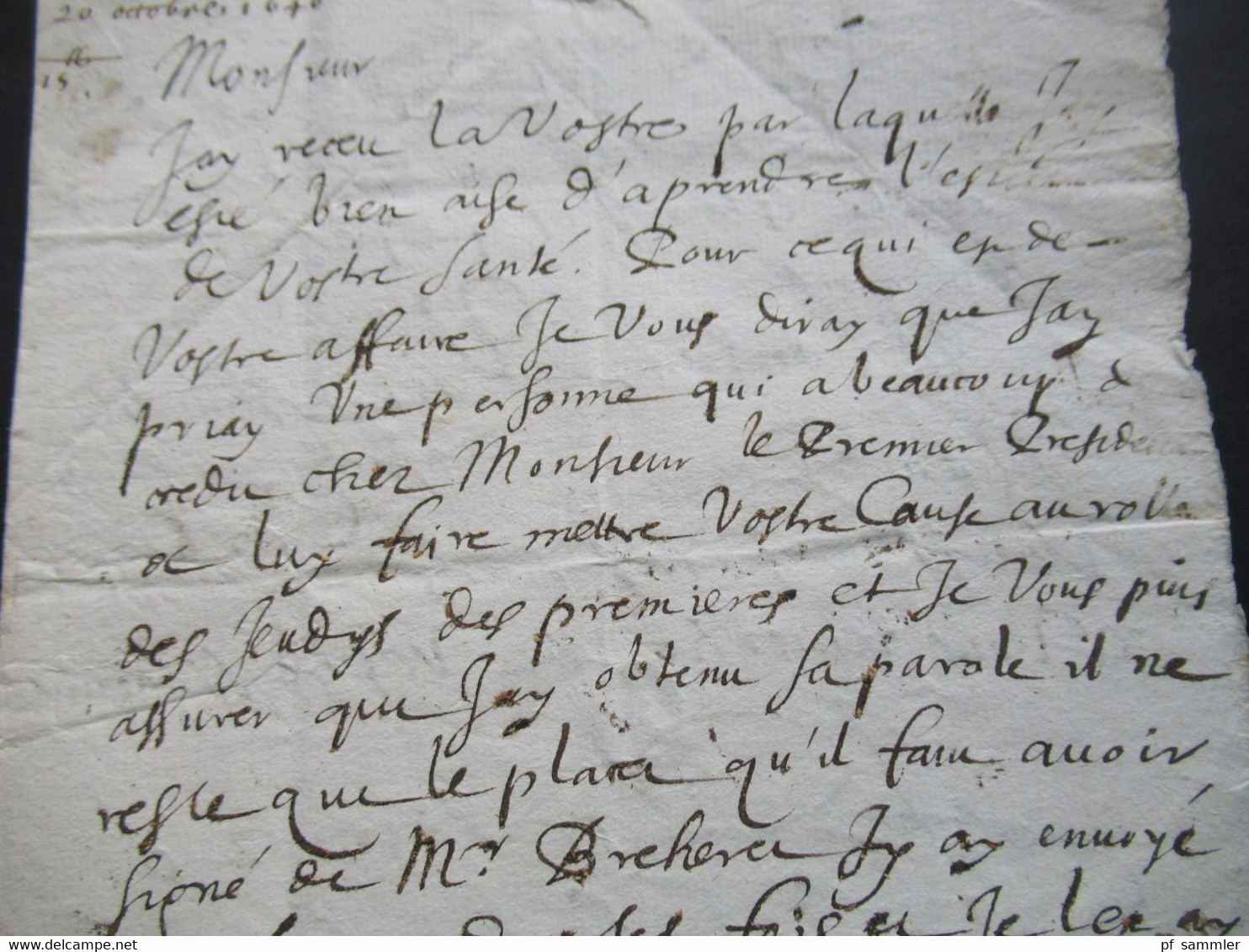 Paris - Beaufort an den Notaire Faltbrief mit Inhalt / lettre aus dem Jahre 1646 / Datum 20.10.1646 Zeit von Ludwig XIV