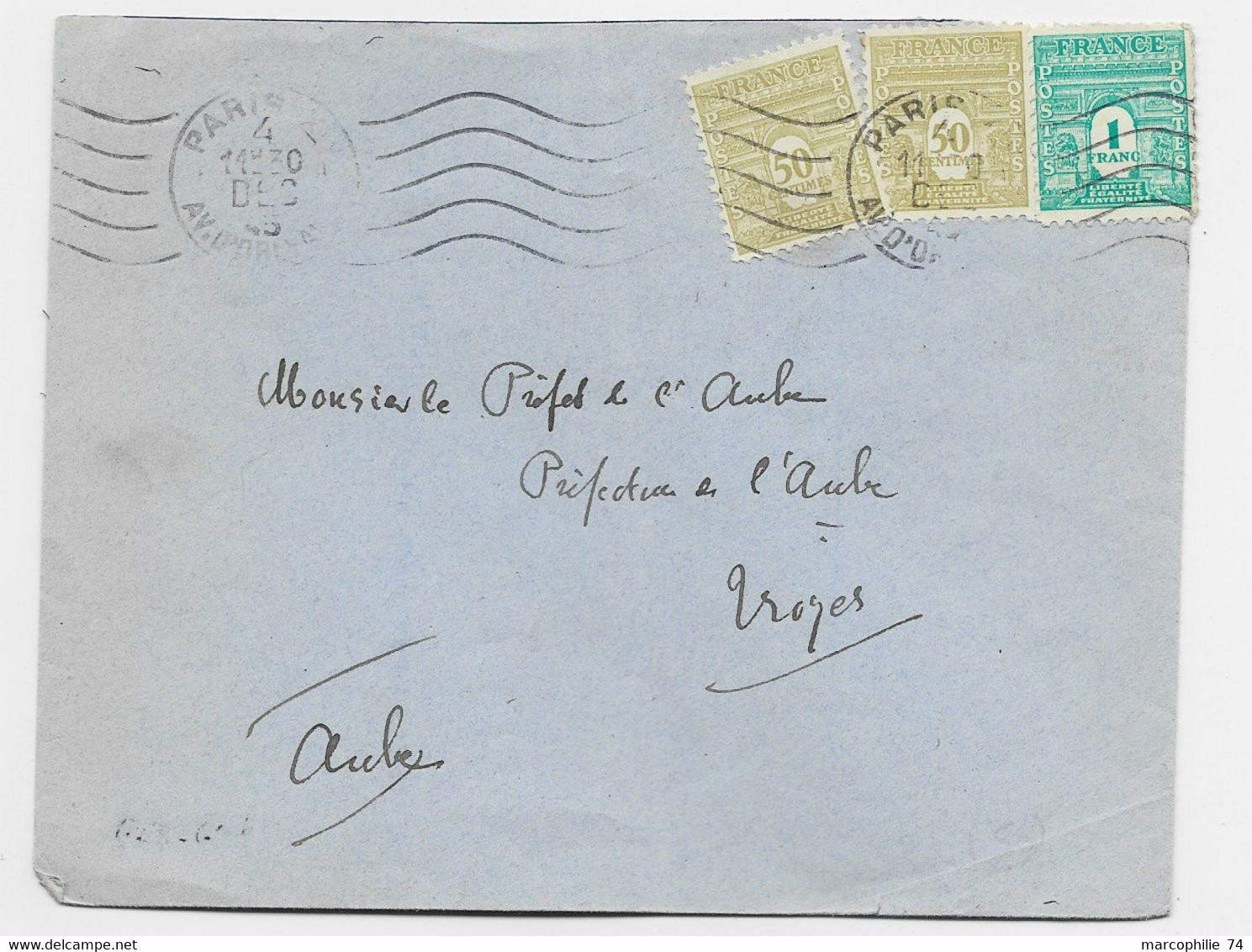 FRANCE ARC TRIOMPHE 1FR+50CX2 LETTRE PARIS 4 DEC 1945  AU TARIF - 1944-45 Triumphbogen