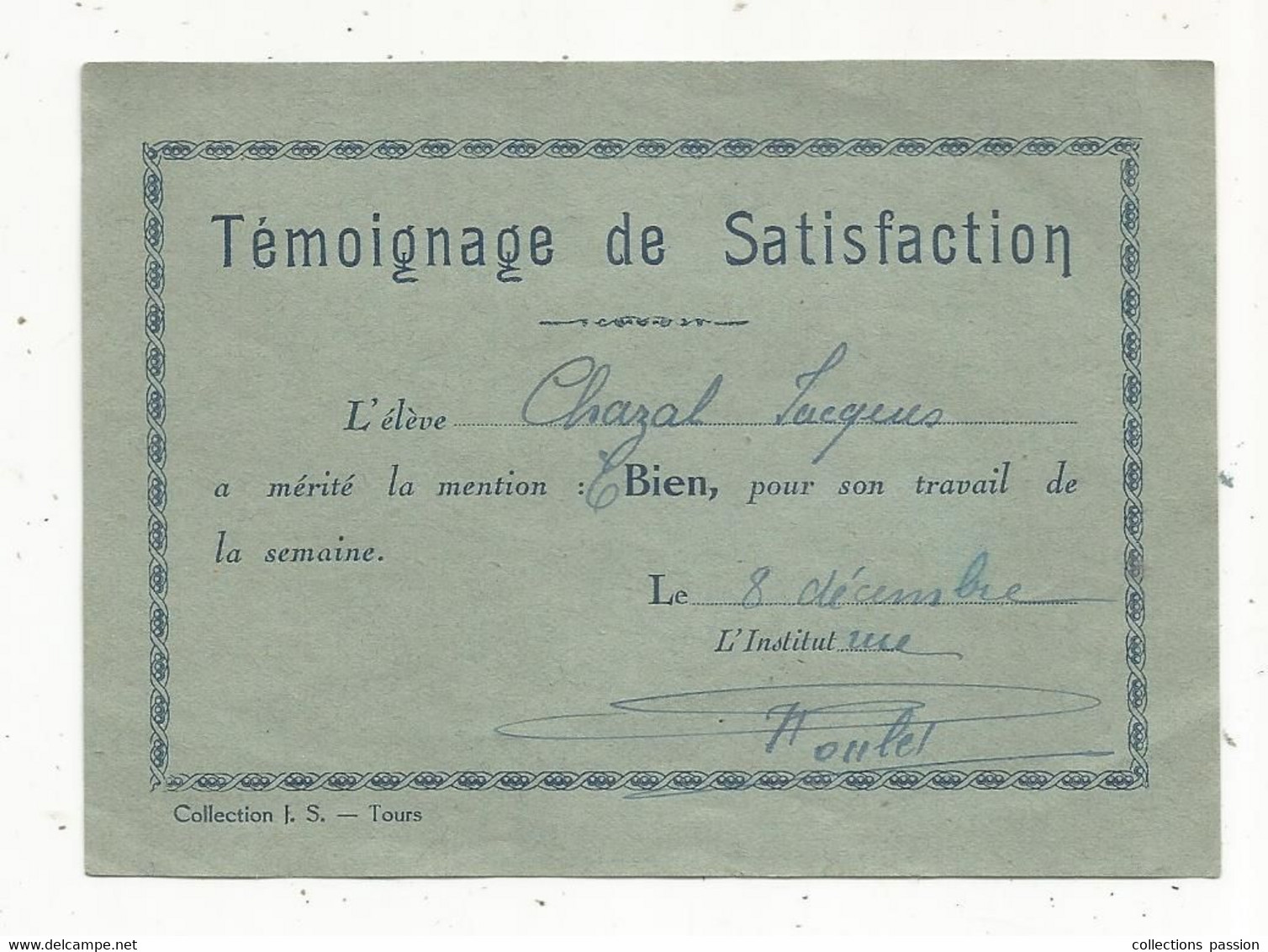 JC, école , Temoignage De Satisfaction , Collection J.S Tours - Ohne Zuordnung