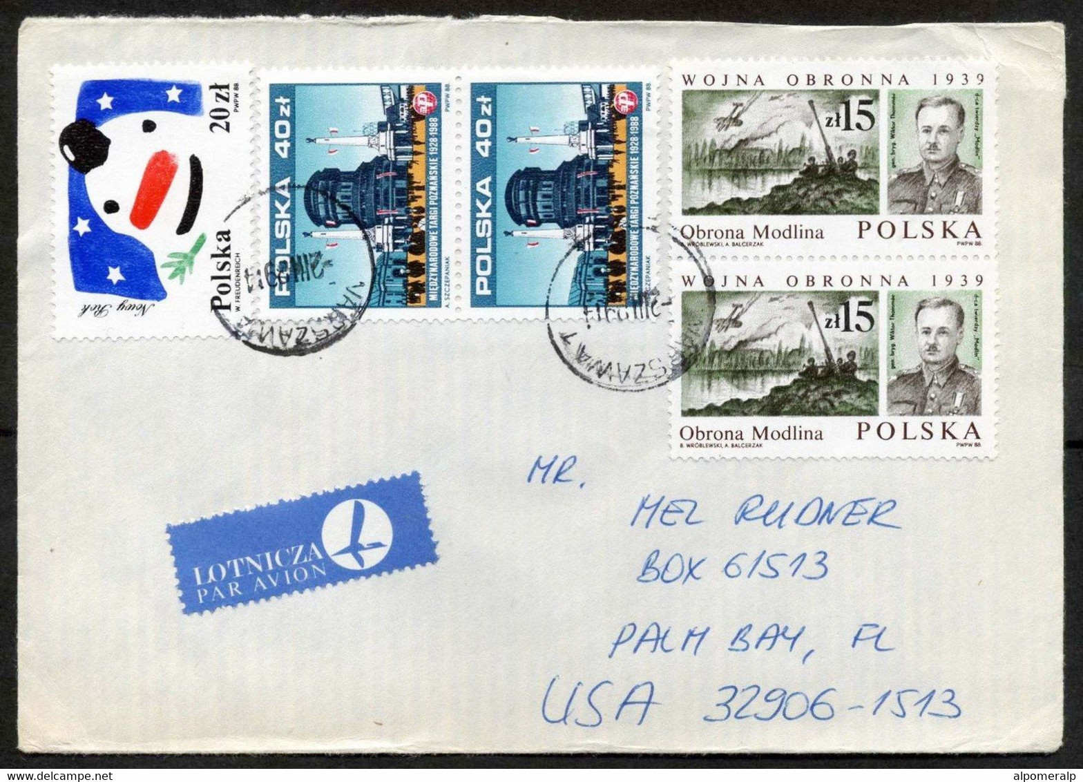 Poland Warszawa 1989 Air Mail Cover Used To Florida USA | Air Strike, Anti-aircraft WWII, War Plane | Industry | Snowman - Flugzeuge