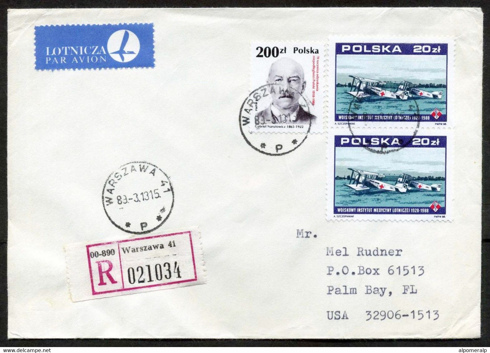 Poland Warszawa 1989 Aircraft Stamp Registered Air Mail Cover Used To USA | Mi 3164 Air Force Medical Institute Aviation - Posta Aerea