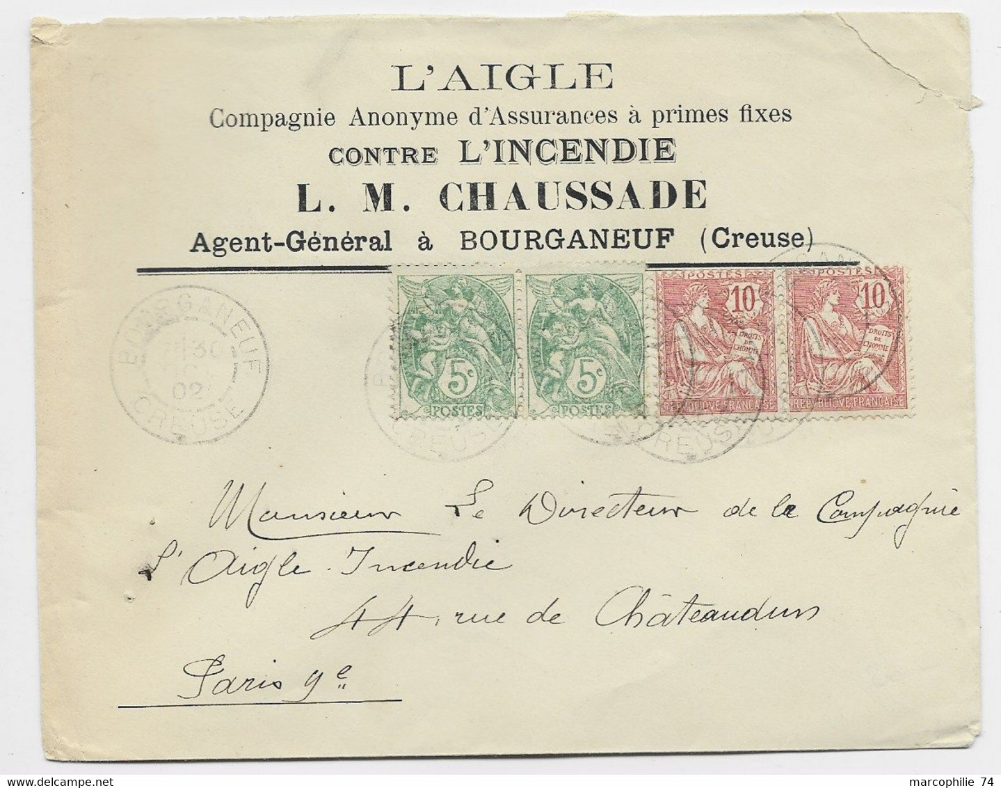 FRANCE MOUCHON 10C PAIRE  +5C BLANC LETTRE BOURGANEUF CREUSE 1902 - 1900-02 Mouchon