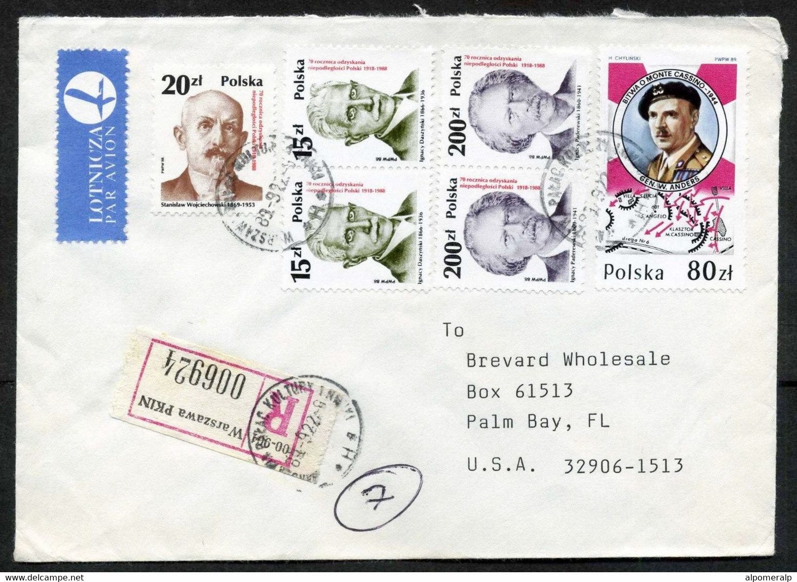 Poland Warszawa 1989 Registered Mail Cover To USA | Mi 3169, 3172, 3174, 3203 Battle Of Monte Cassino, W.Anders, WW II - Airplanes