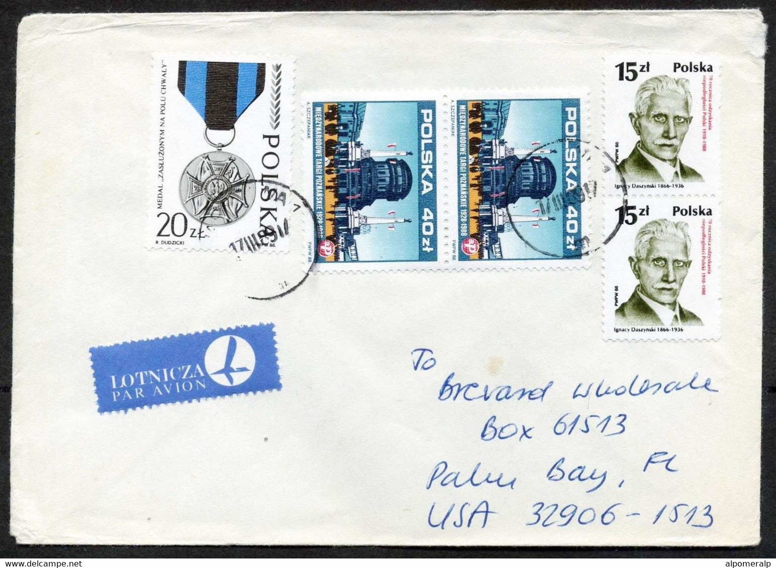 Poland Warszawa 1989 Air Mail Cover Used To USA | Mi 3169, 3173, 3183 | WW II Combat Medal, Industry | Ignacy Daszynski - Aviones