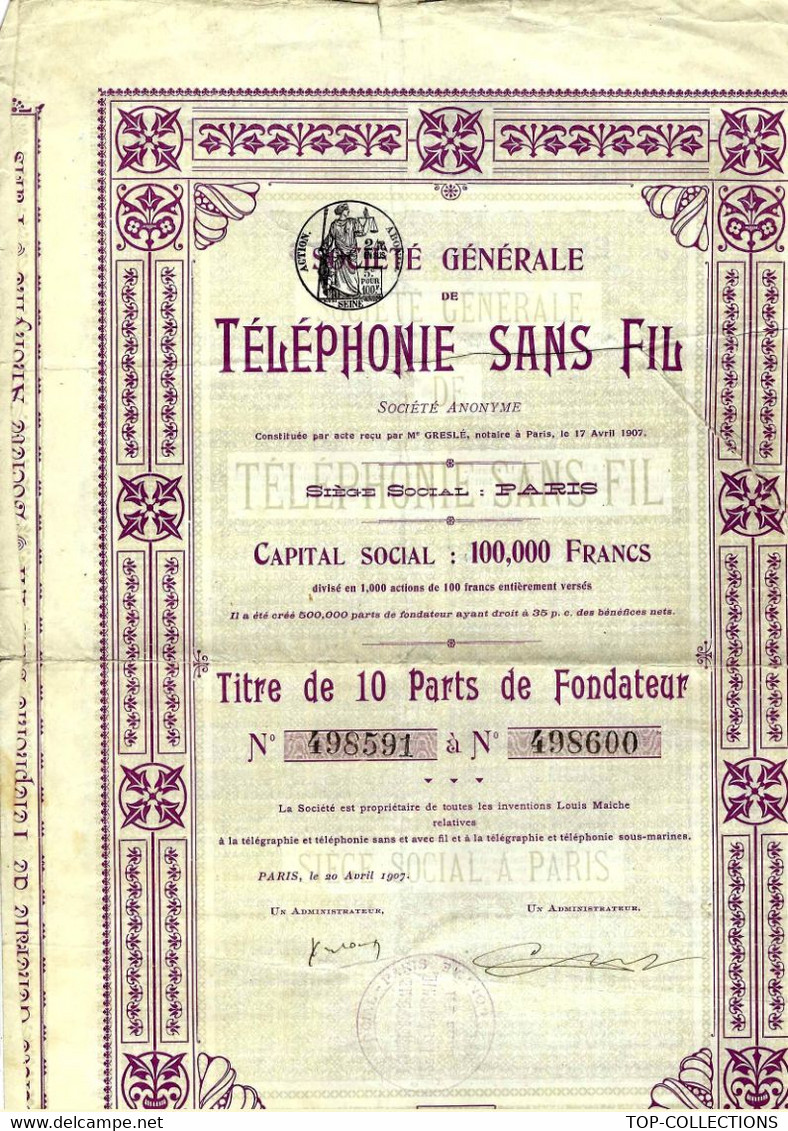 1907 RARE PART DE FONDATEUR Sté Générale De Téléphonie Sans Fil Paris TOUS COUPONS B.E.V.SCANS+HISTORIQUE - Industrial