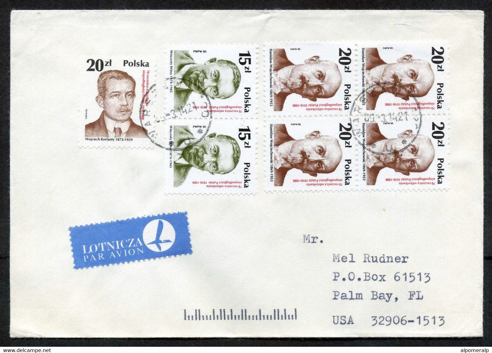 Poland Warszawa 1989 Airmail Cover Used To USA | Mi 3170, 3172, 3173 | Stanislaw Wojciechowski | W. Witos | W. Korfanty - Aviones