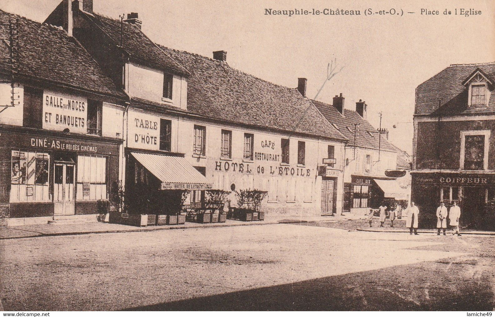 NEAUPHIE LE CHATEAU Place De L’église ( Cinéma Coiffeur Hôtel Café Restaurant ) Timbre 1936 Semeuse 20c - Neauphle Le Chateau