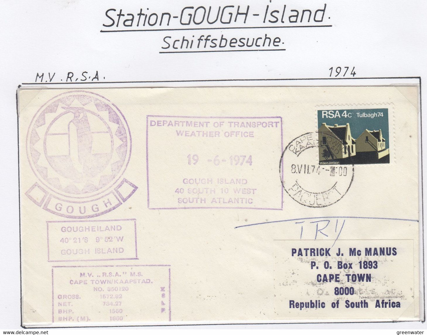 Gough Island 1974 Ship Visit MV R.S.A. Ca Gough Island 19.6.74 (GH209A) - Estaciones Científicas