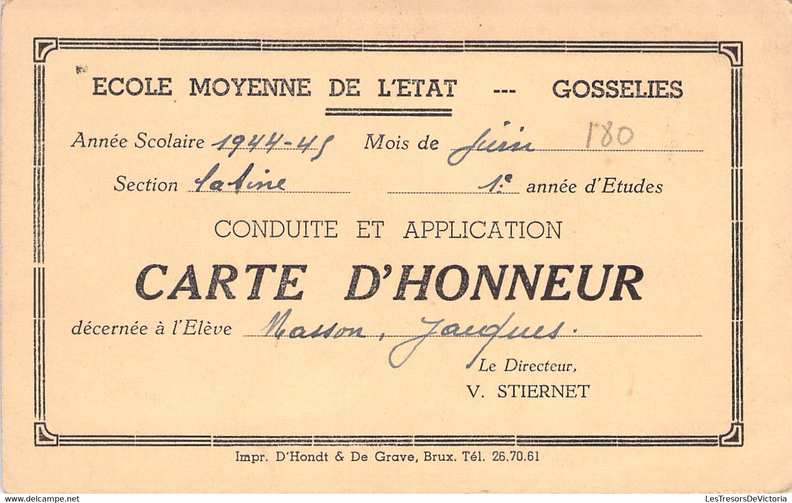 Carte D'honneur Conduite Et Application Ecole D'état De Gosselies - 1944-45 - Décerné à L'élève Masson Jacques - Diploma's En Schoolrapporten