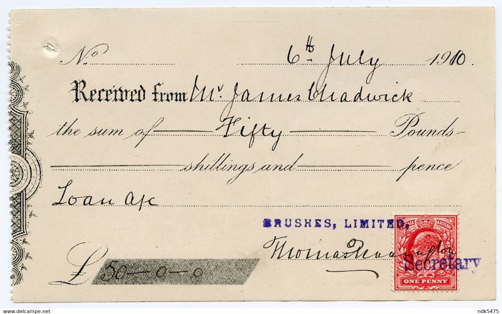 RECEIPT OF LOAN : BRUSHES, LIMITED, 1910 (PENNINGTON, CHADWICK) - Royaume-Uni