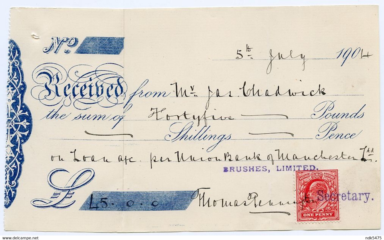 RECEIPT OF LOAN : BRUSHES, LIMITED, 1904 (PENNINGTON, CHADWICK) : UNION BANK OF MANCHESTER - Royaume-Uni