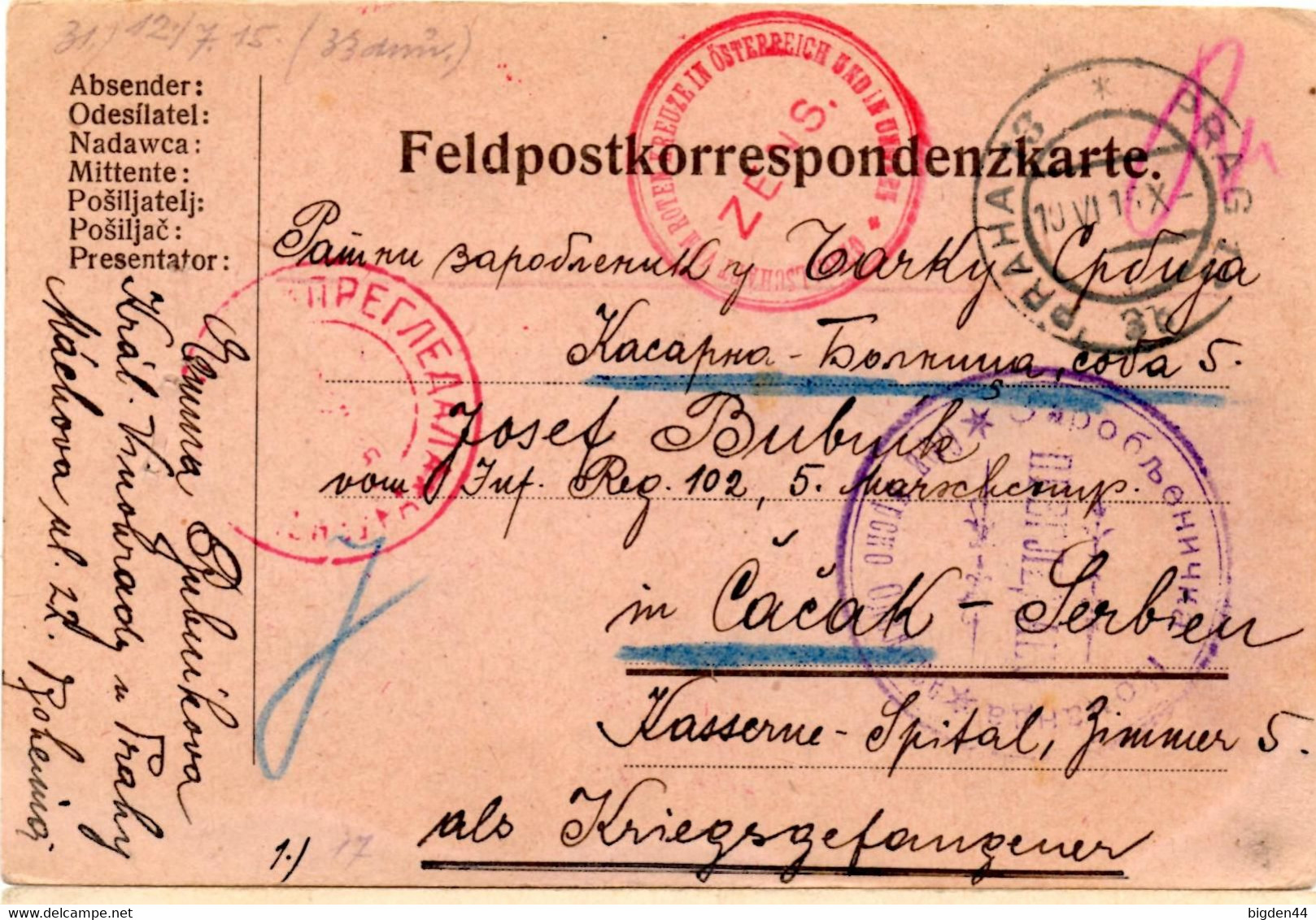 CP Feldpostkorrespondenzkarte Praha Prague (10.06.1915) Pour Cacak Serbie Censure Croix Rouge Prisonnier Pregledano - ...-1918 Vorphilatelie