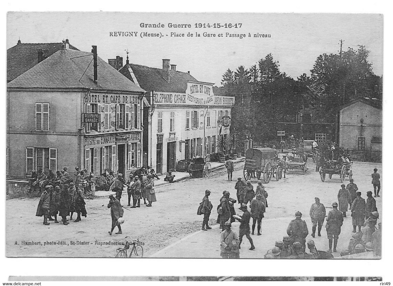 Cpa, Commerce, MEUSE, REVIGNY, Grande Guerre 1914, Place De La Gare Et Passage à Niveau, Charrette, Café, Restaurant, - Caffé