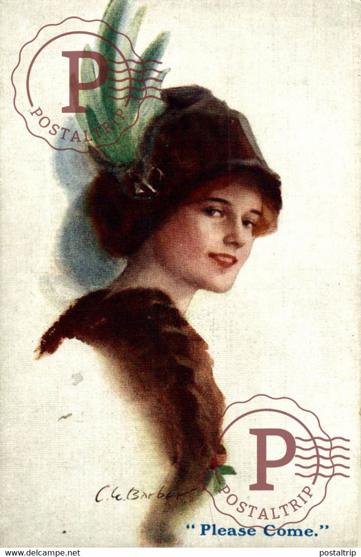 ILLUSTRATEUR Court BARBER- ART NOUVEAU -FEMME AVEC CHAPEAU A PLUME - Barber, Court