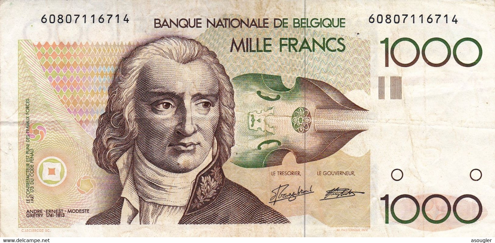 BELGIUM 1000 FRANCS ND 1980-1996 VF P-144a "free Shipping Via Registered Air Mail" - 1000 Francs