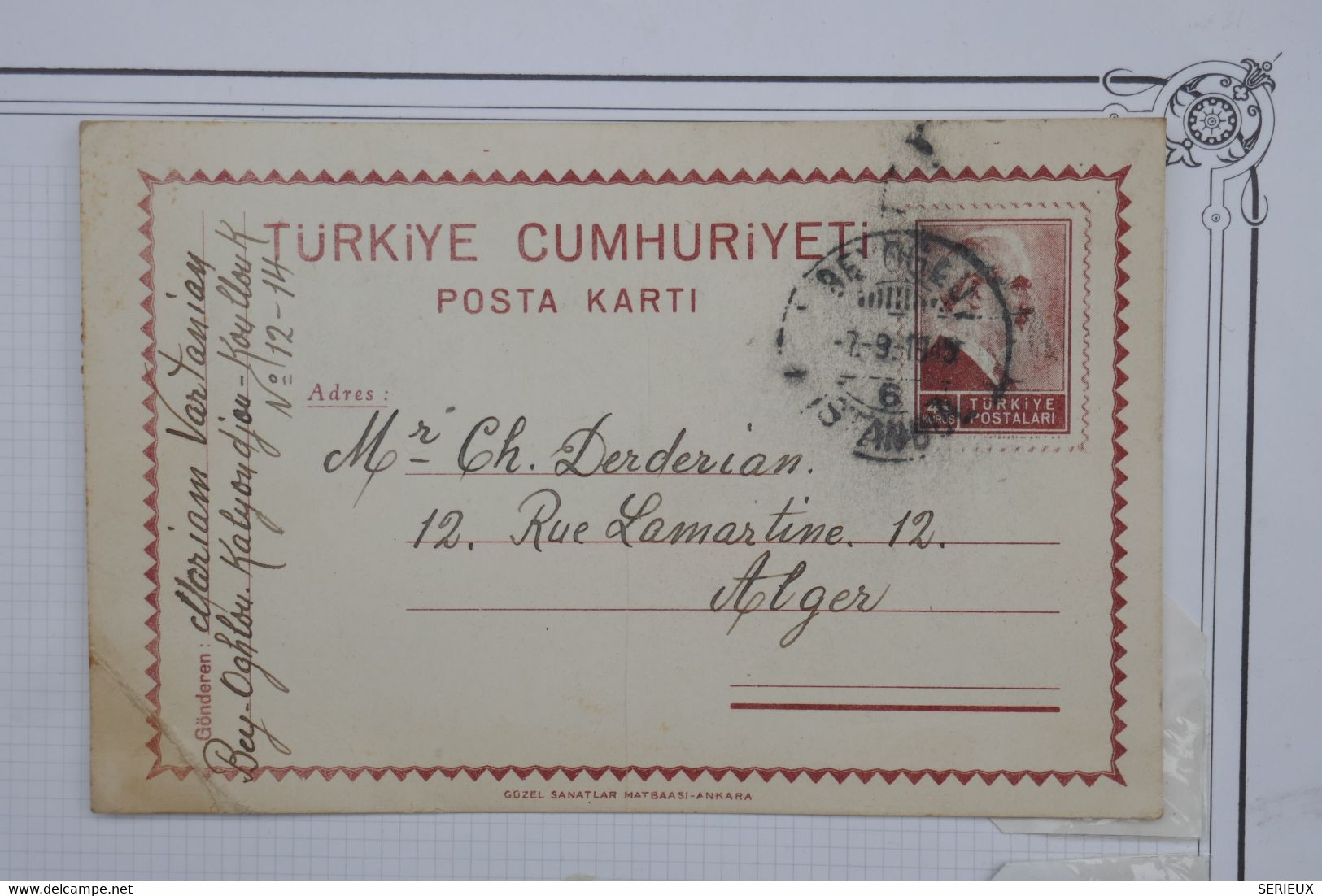 O 1 TURQUIE BELLE CARTE 1945 ISTANBUL POUR ALGER ALGERIE +PAIRE T.P + ARCH. DERDERIAN++ AFFR. PLAISANT - Briefe U. Dokumente