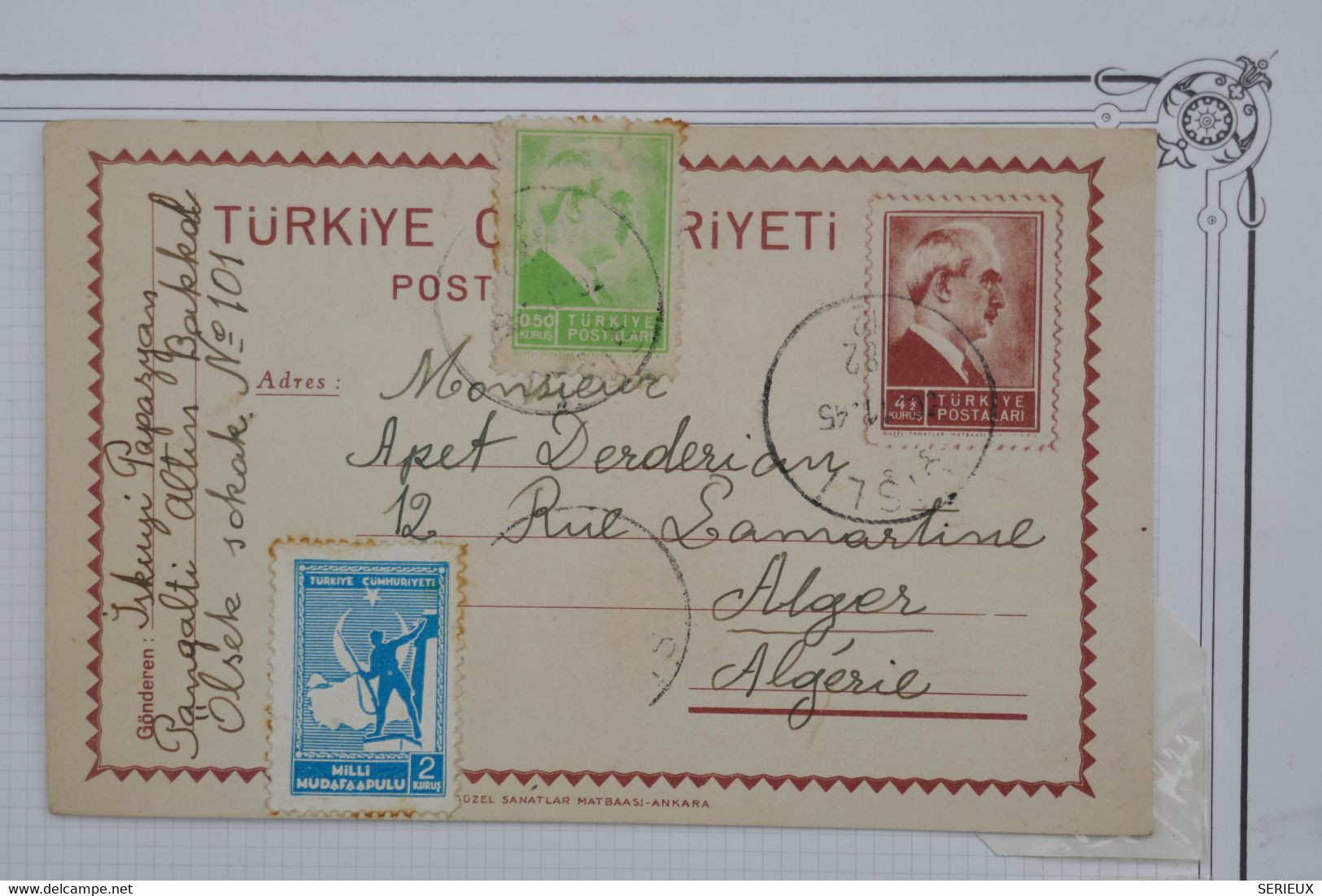 O 1 TURQUIE BELLE CARTE 1945 ISTANBUL POUR ALGER ALGERIE +PAIRE T.P + ARCH. DERDERIAN++ AFFR. PLAISANT - Briefe U. Dokumente