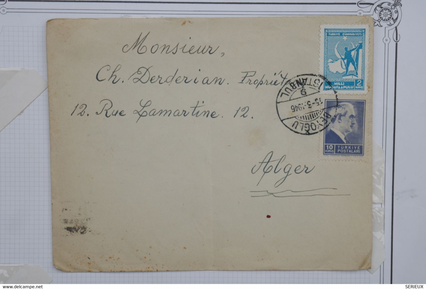 O 1 TURQUIE BELLE LETTRE  1946 ISTANBUL POUR ALGER ALGERIE + + ARCH. DERDERIAN++ AFFR. PLAISANT - Cartas & Documentos