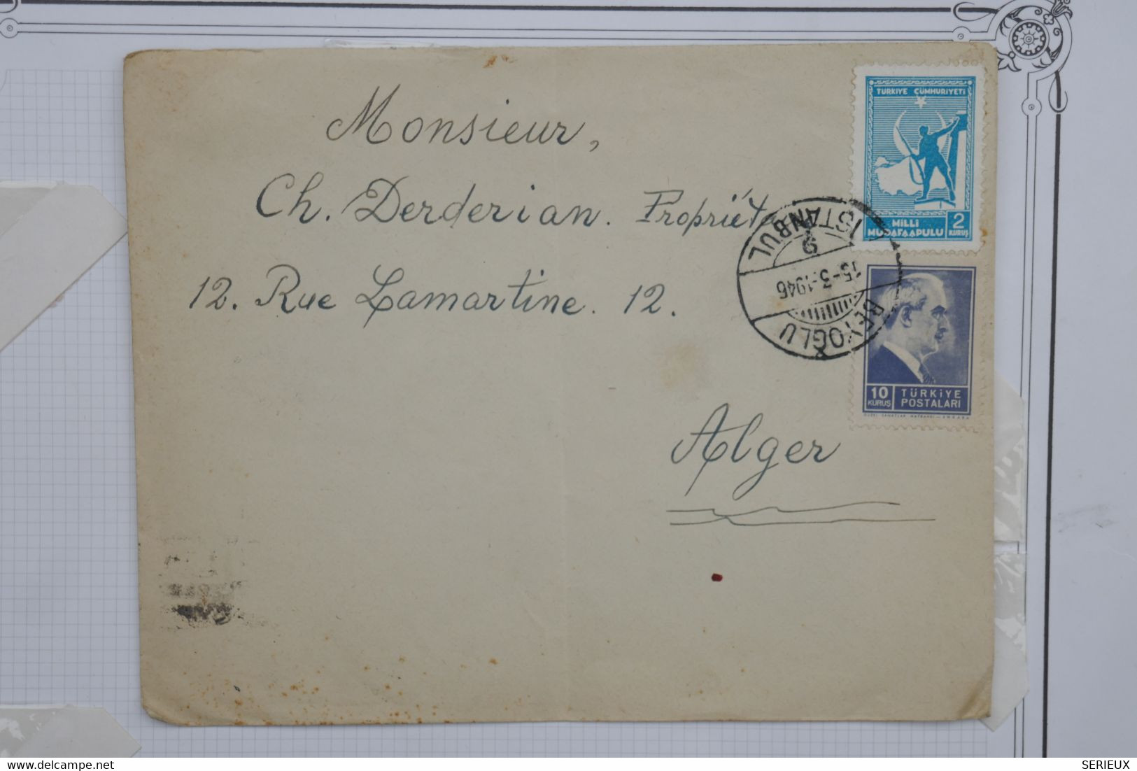 O 1 TURQUIE BELLE LETTRE  1946 ISTANBUL POUR ALGER ALGERIE + + ARCH. DERDERIAN++ AFFR. PLAISANT - Briefe U. Dokumente