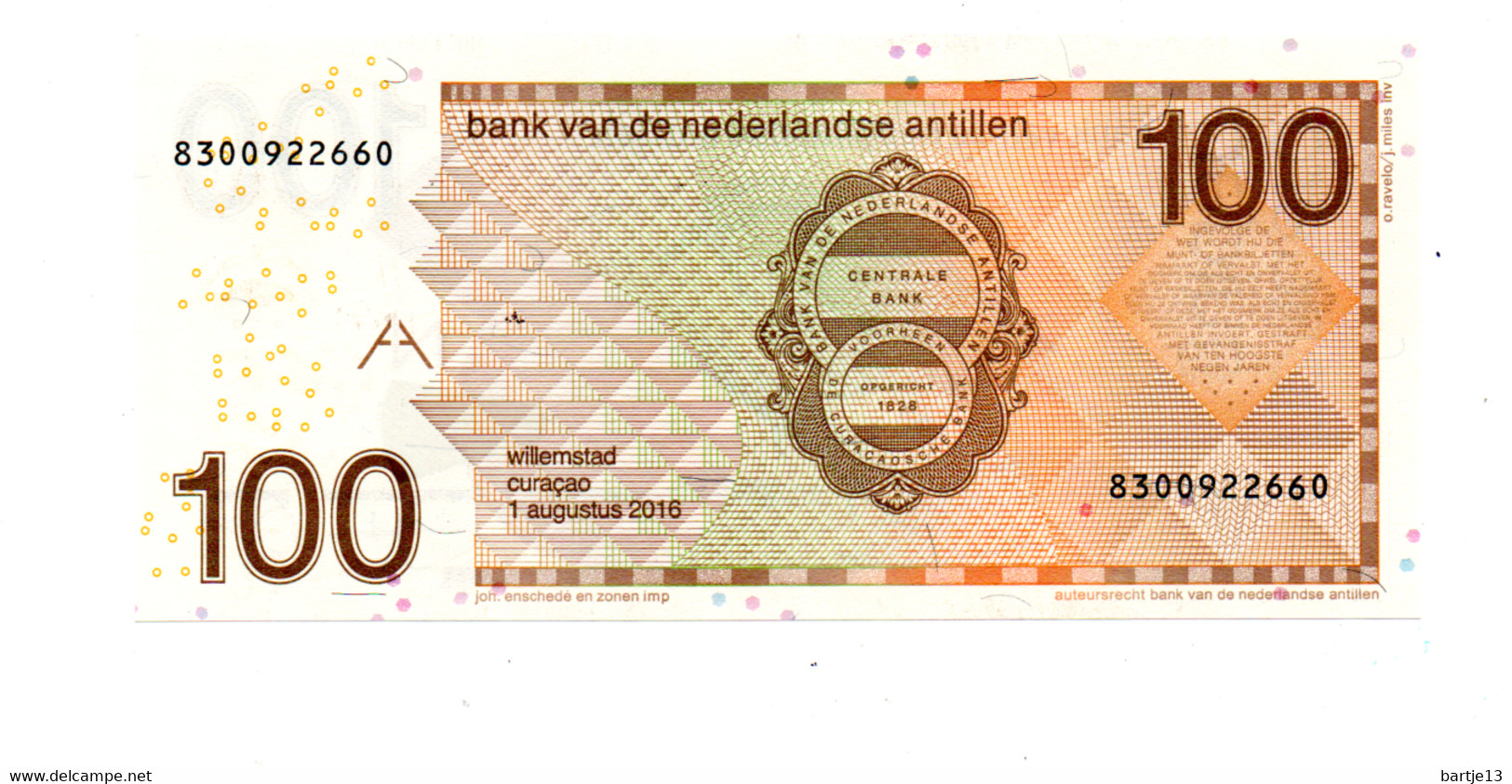 NEDERLANDSE ANTILLEN 100 GULDEN 1.8.2016  UNCIRCULATED - Nederlandse Antillen (...-1986)