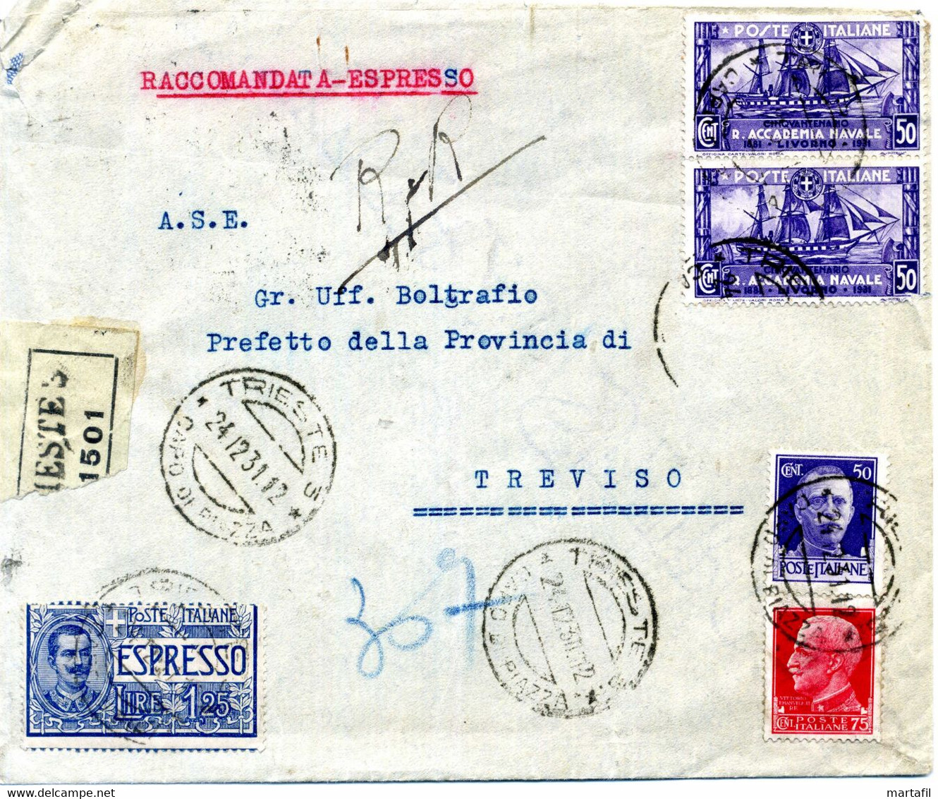 1931 RACCOMANDATA ESPRESSO RR Da Trieste Per Treviso - Storia Postale